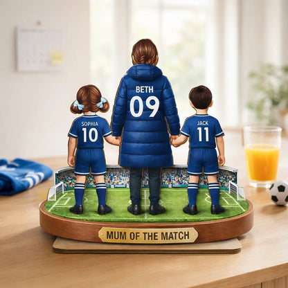 Personalized 2-Layer Wooden Plaque Soccer Mom and Kids Holding Hands Field Scene, Mum of the Match Unique Gift