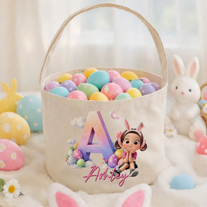 Personalized Polyester Basket Tote Easter Egg Hunt Bag With Cute Sitting Girl & Initial, Unique Gift For Kids