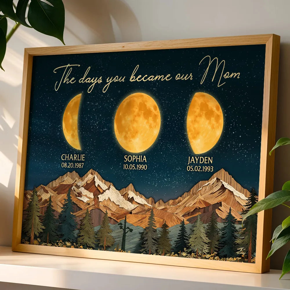 Personalized Moon Phase Mountain Night Sky Poster for Mom - The Day You Became Our Mom Wall Art, Unique Gift