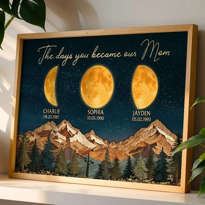 Personalized Moon Phase Mountain Night Sky Poster for Mom - The Day You Became Our Mom Wall Art, Unique Gift