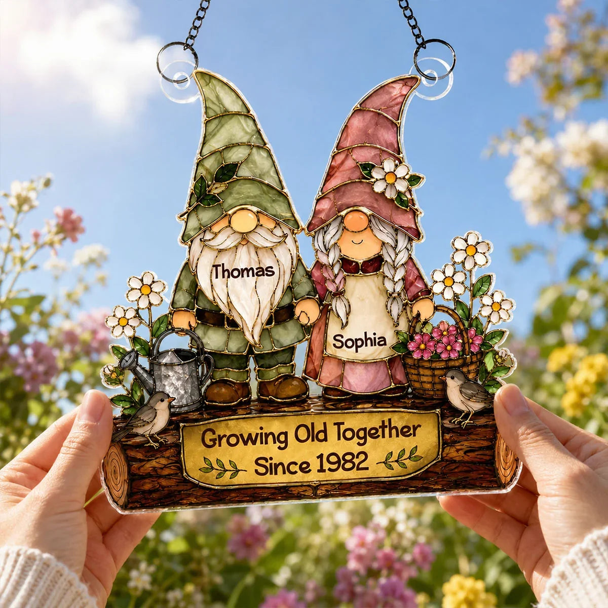 Personalized Acrylic Suncatcher Ornament, Holding Hands Gnome Couple in a Floral Garden, Unique Anniversary Gift