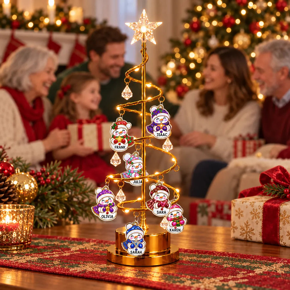 Personalized Spiral Christmas Tree Table Lamp with Snowman Family, Unique Gift for Family