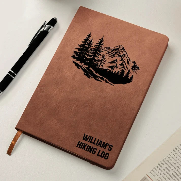 Personalized Leather Journal with Mountain Forest Art, Creative Hiking Gift for Hikers and Outdoor Travelers