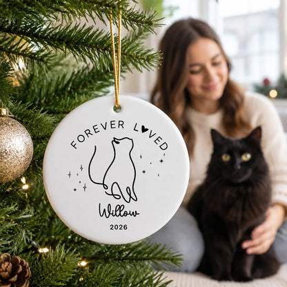 Personalized Cat Memorial Ceramic Ornament, Forever Loved Christmas Tree Keepsake, Unique Gift for Cat Owner