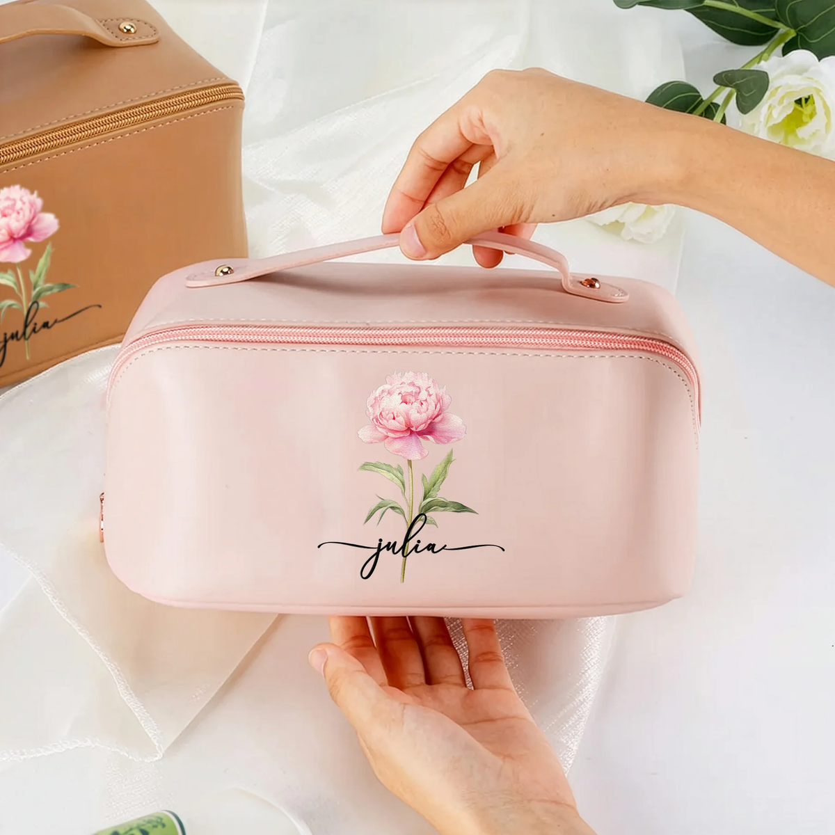 Custom Birth Flower Leather Makeup Bag – Elegant Pink Toiletry Case with Personalized Initials, Spacious Portable Storage & Thoughtful Gift Option