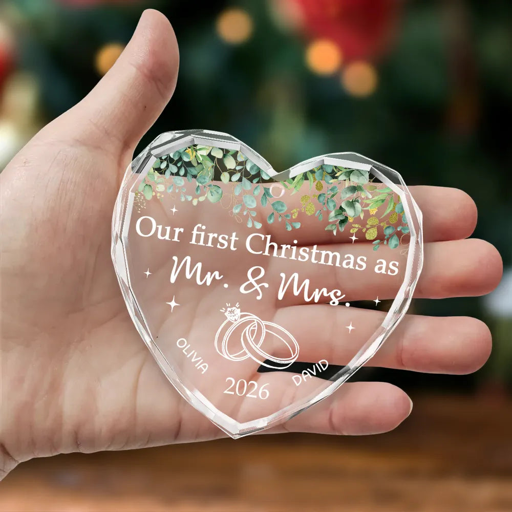 Personalized Crystal Heart Ornament with Wedding Rings and Greenery, Unique Wedding Gift for Newlyweds