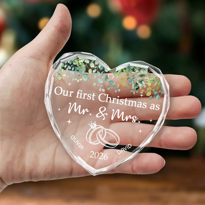 Personalized Crystal Heart Ornament with Wedding Rings and Greenery, Unique Wedding Gift for Newlyweds