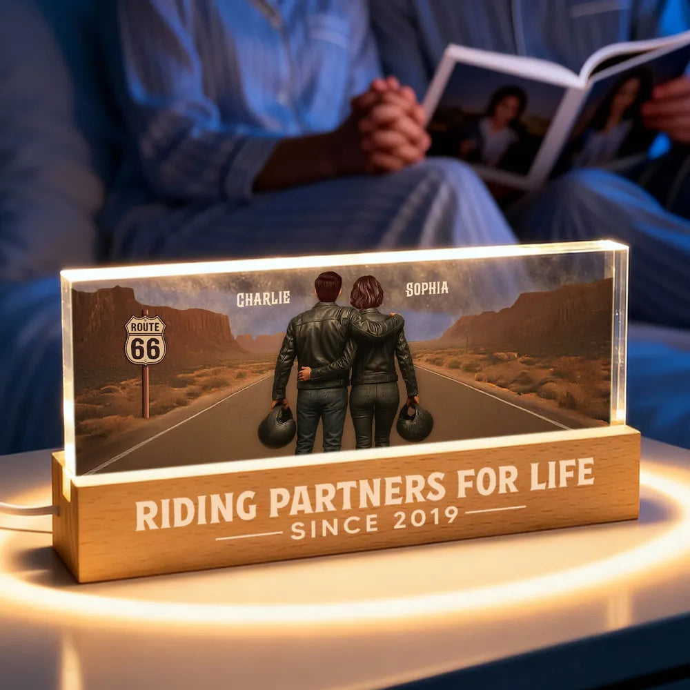 Personalized Block LED Light Plaque with Biker Couple Back View on Route 66, Warm Glow Bedroom Decor, Unique Gift for Couple