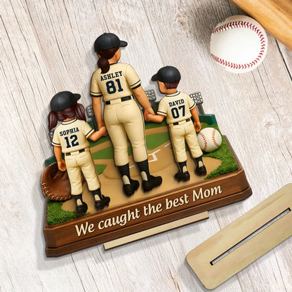 Personalized 2-Layer Wooden Plaque Baseball Mom with Kids Holding Hands, We Caught The Best Mom, Unique Gift for Mom