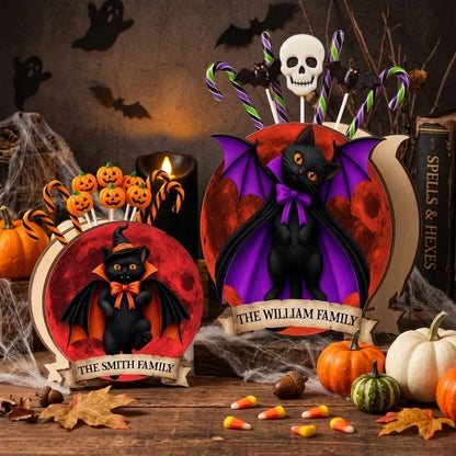 Personalized Wooden Pen Holder, Vampire Black Cat and Red Moon Halloween Decor, Unique Gift for Cat Lovers