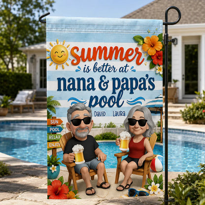 Personalized Garden Flag with Poolside Cartoon Grandparents, Unique Summer Gift for Nana & Papa