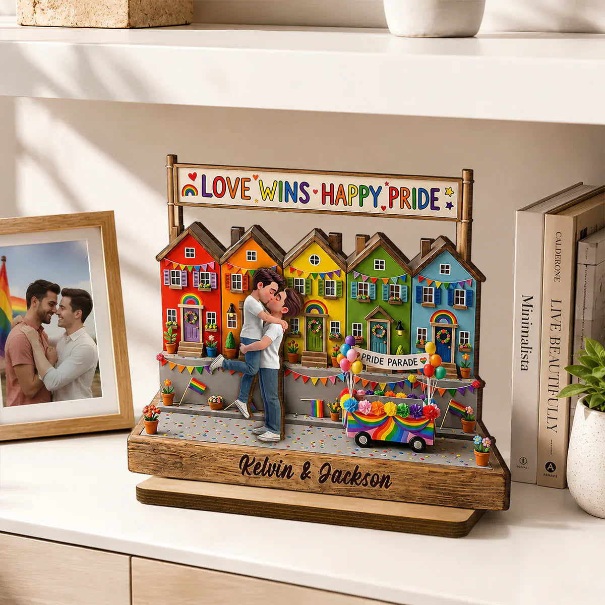 LGBT 2-Layer Wooden Plaque, Love Wins Rainbow Houses & Kissing Couple, Creative Gift for Partner