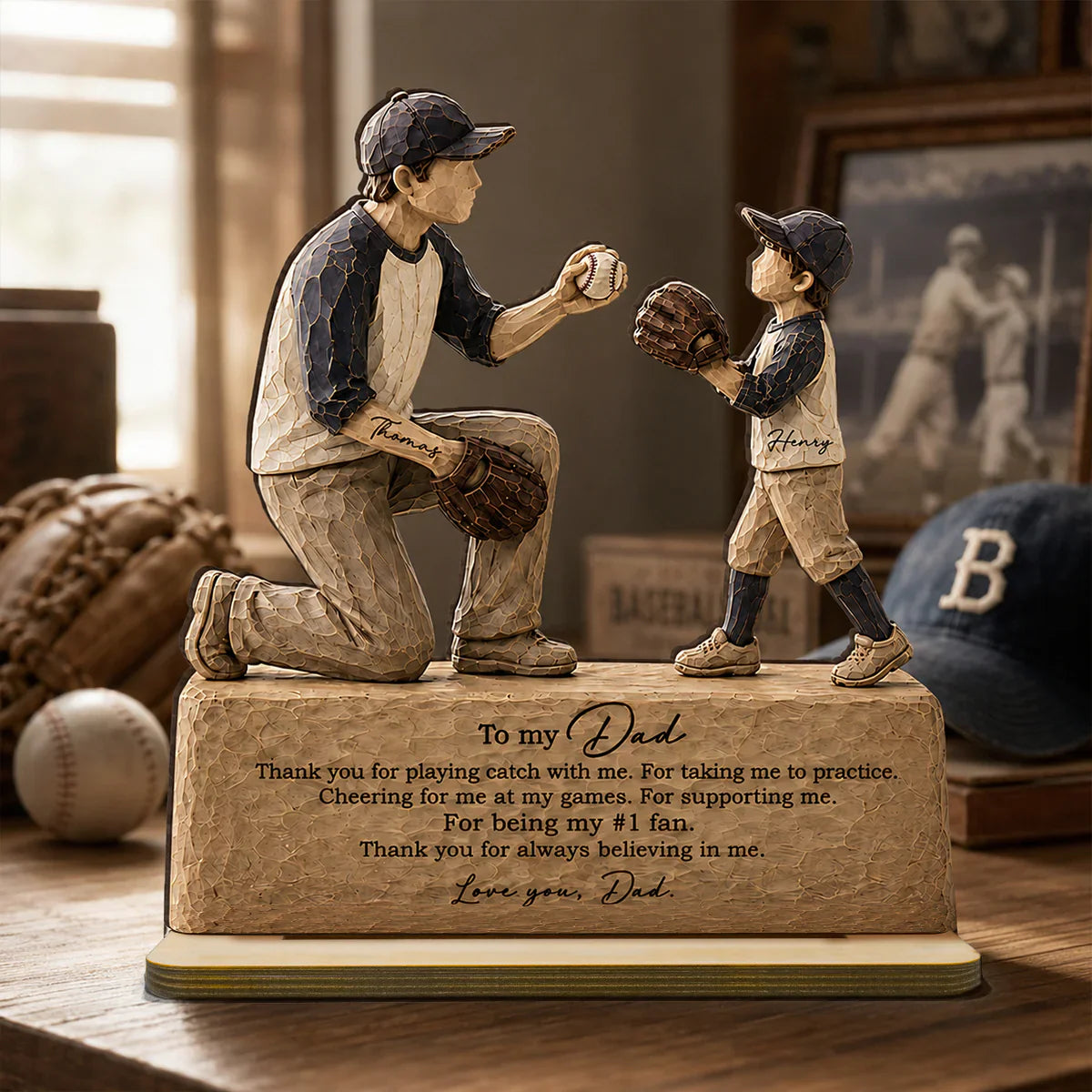 Personalized 2-Layer Wooden Plaque, Sunlit Baseball Dad & Child Catch Scene, Unique Gift for Dad