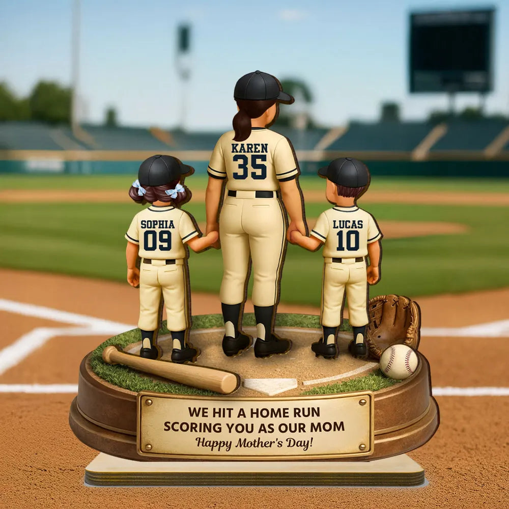Personalized 2-Layer Wooden Plaque, Baseball Mom Holding Kids' Hands, 'We Hit a Home Run' Message, Unique Mother's Day Gift