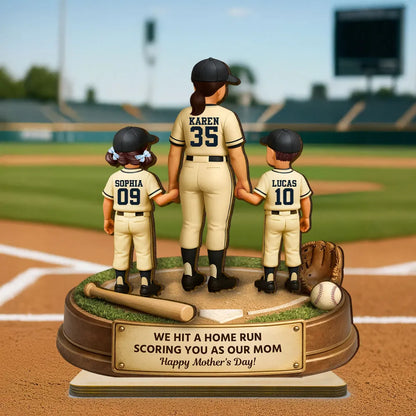 Personalized 2-Layer Wooden Plaque, Baseball Mom Holding Kids' Hands, 'We Hit a Home Run' Message, Unique Mother's Day Gift