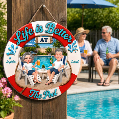 Personalized Wooden Sign, Life Is Better at The Pool, Couple Relaxing with Drinks, Unique Gift