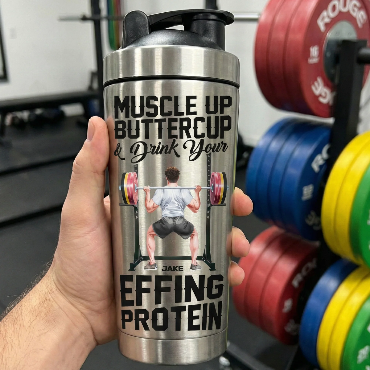 Stainless Steel Protein Shaker, Personalized Muscle Up Buttercup Quote - Unique Fitness Gift for Gym Lovers