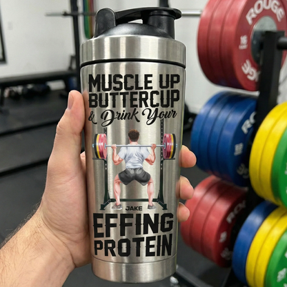 Stainless Steel Protein Shaker, Personalized Muscle Up Buttercup Quote - Unique Fitness Gift for Gym Lovers