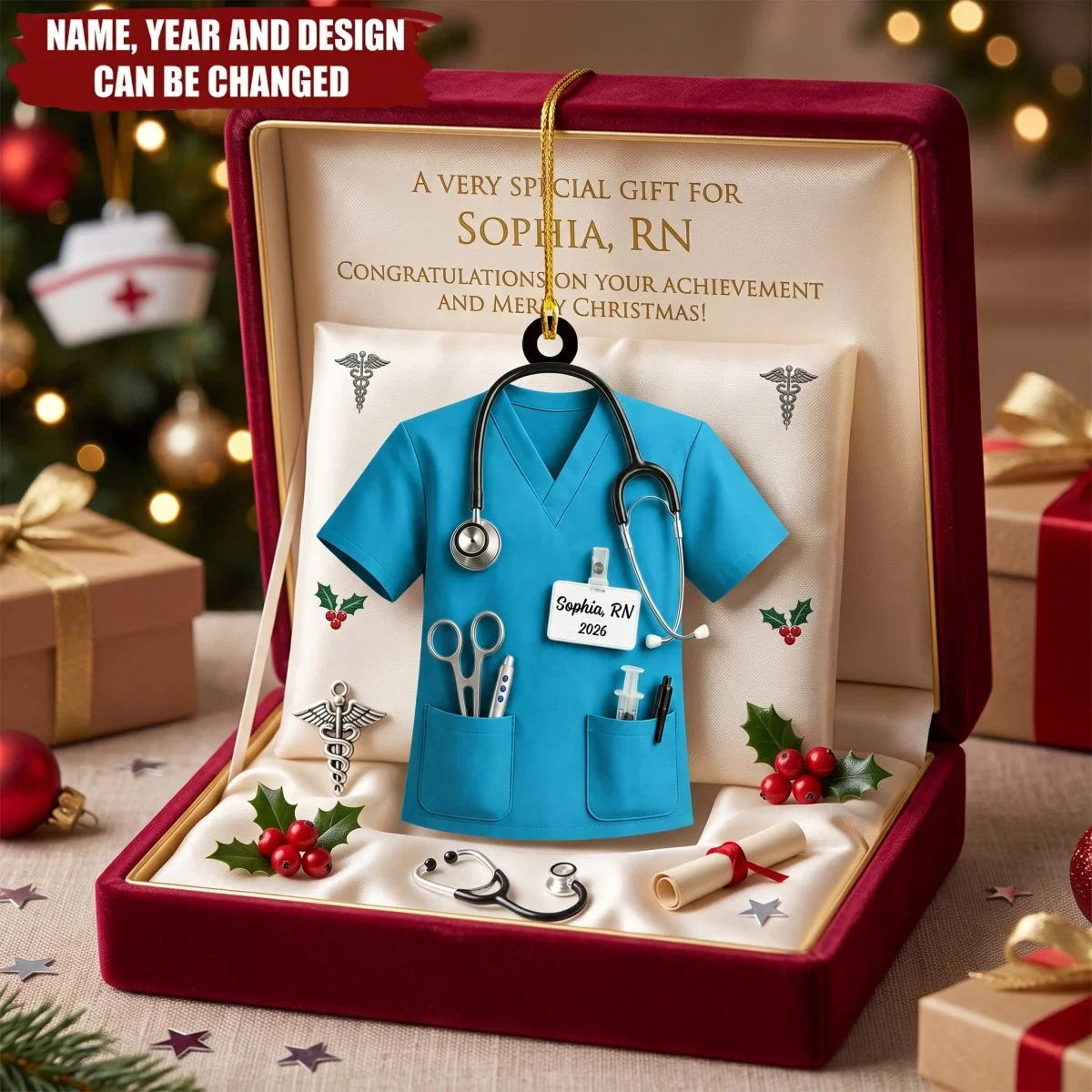 Personalized Acrylic Ornament, Teal Nurse Scrubs on a Christmas Tree, Unique Gift for Nurse