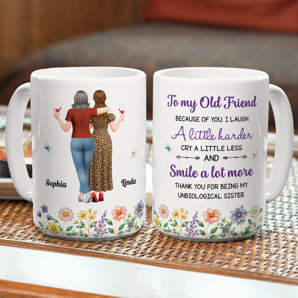 Personalized White Ceramic Mug With Old Friends & Floral Art, Unique Gift For Sister Friend