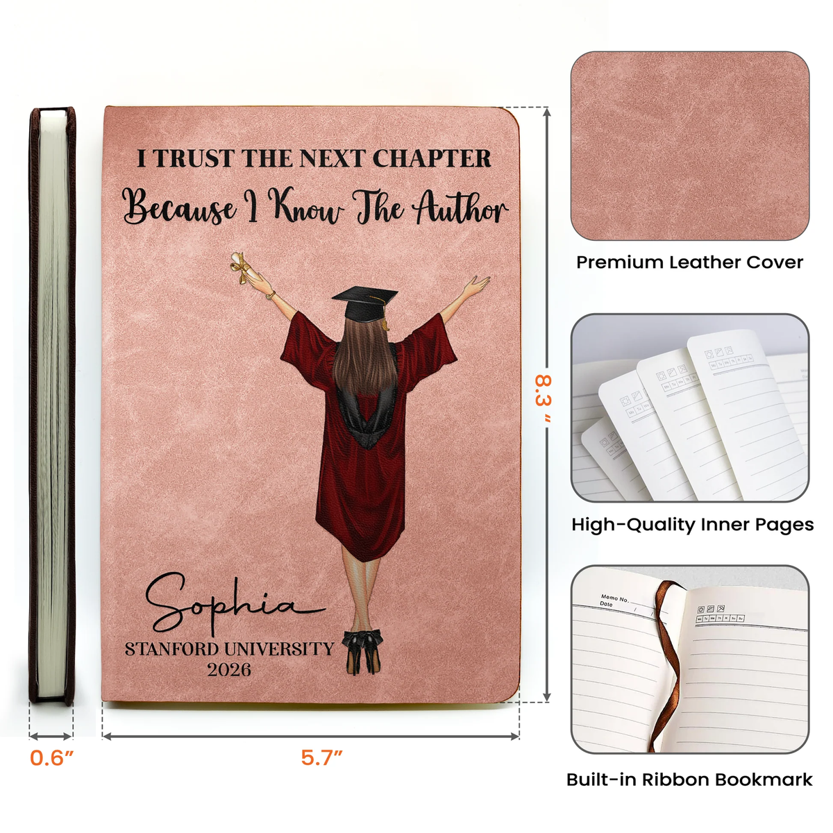 Graduation Leather Journal Personalized Gift, Cap and Gown Illustration, A Heartwarming Next Chapter Keepsake
