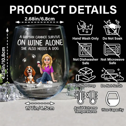 Personalized Wine Glass with Woman and Dog Cartoon - Funny Dog Mom Gift for Wine Nights