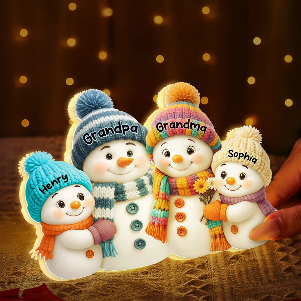 Snowman Family Acrylic Light Box with knitted hats, cozy holiday scene for grandparents, warm winter décor, a heartfelt Christmas gift