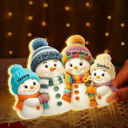 Snowman Family Acrylic Light Box with knitted hats, cozy holiday scene for grandparents, warm winter décor, a heartfelt Christmas gift