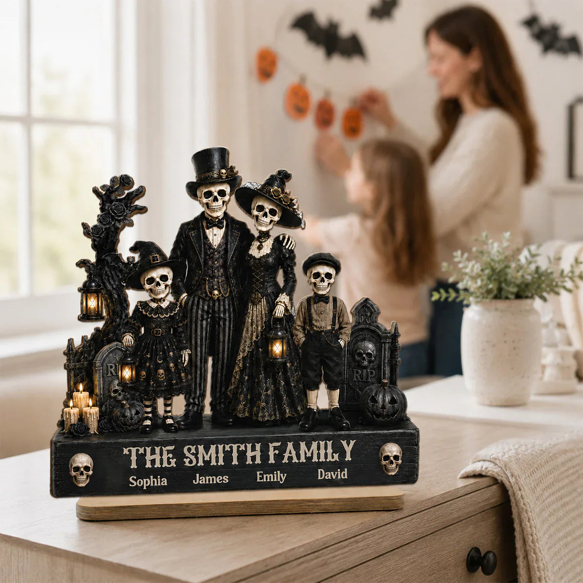 Standing Gothic Skeleton Family 2-Layer Wooden Plaque, Personalized Keepsake, Creative Gift for Family