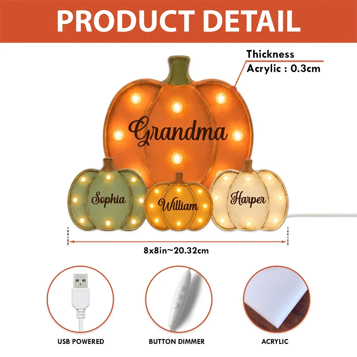 Personalized Grandma Acrylic Light Box with Little Pumpkins, Heartwarming Creative Gift for Family