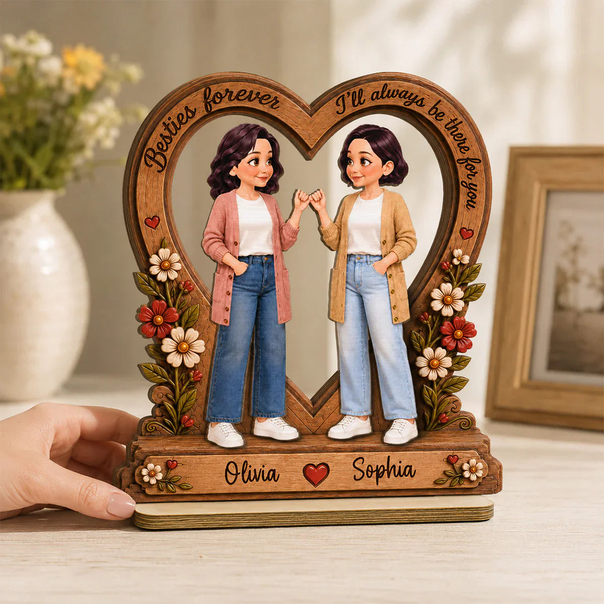 Custom 2-Layer Wooden Plaque for Friendship, Heart Keepsake with I'll Be There Message, Unique Creative Gift