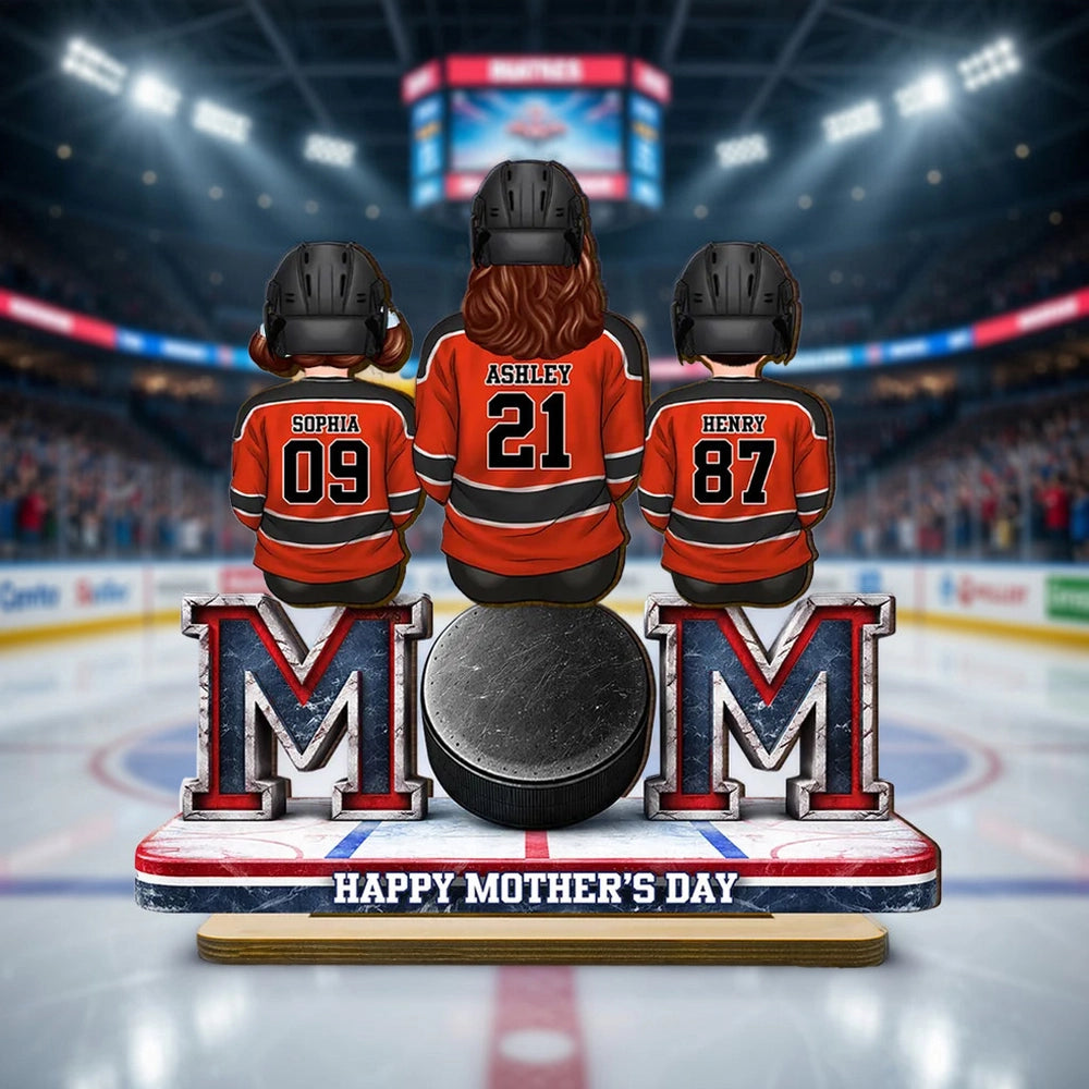 Personalized Hockey Mom 2-Layer Wooden Plaque, Back-View Mom and Kids on Rink Bench, Unique Mother's Day Gift