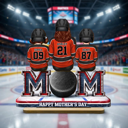 Personalized Hockey Mom 2-Layer Wooden Plaque, Back-View Mom and Kids on Rink Bench, Unique Mother's Day Gift
