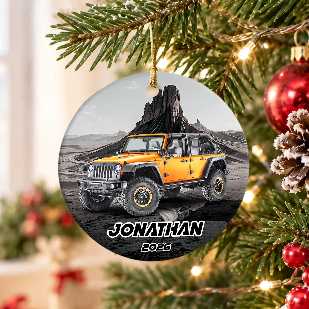 Personalized Ceramic Ornament with Red Off-Road Car on Desert Road, Unique Christmas Gift for Car Enthusiasts