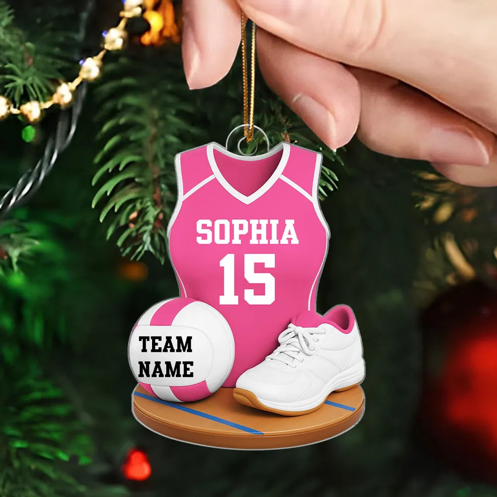 Personalized Acrylic Ornament with Red Volleyball Jersey, Ball and Shoes, Unique Christmas Gift for Player