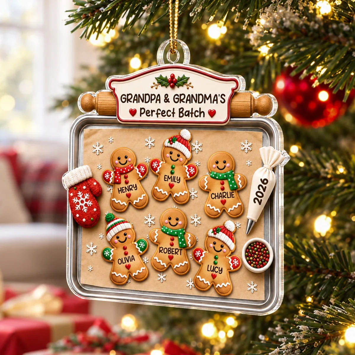 Personalized Acrylic Ornament, Gingerbread Grandkids on a Baking Tray, Red & Green Unique Christmas Gift for Grandparents
