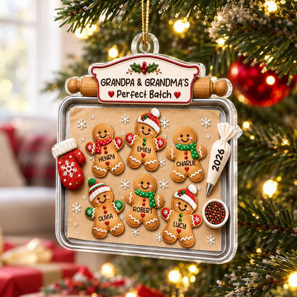 Personalized Acrylic Ornament, Gingerbread Grandkids on a Baking Tray, Red & Green Unique Christmas Gift for Grandparents