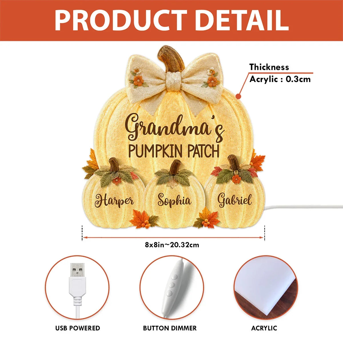 Grandma's Pumpkin Patch Acrylic Light Box, Warm Autumn Keepsake, Creative Personalized Gift for Grandma