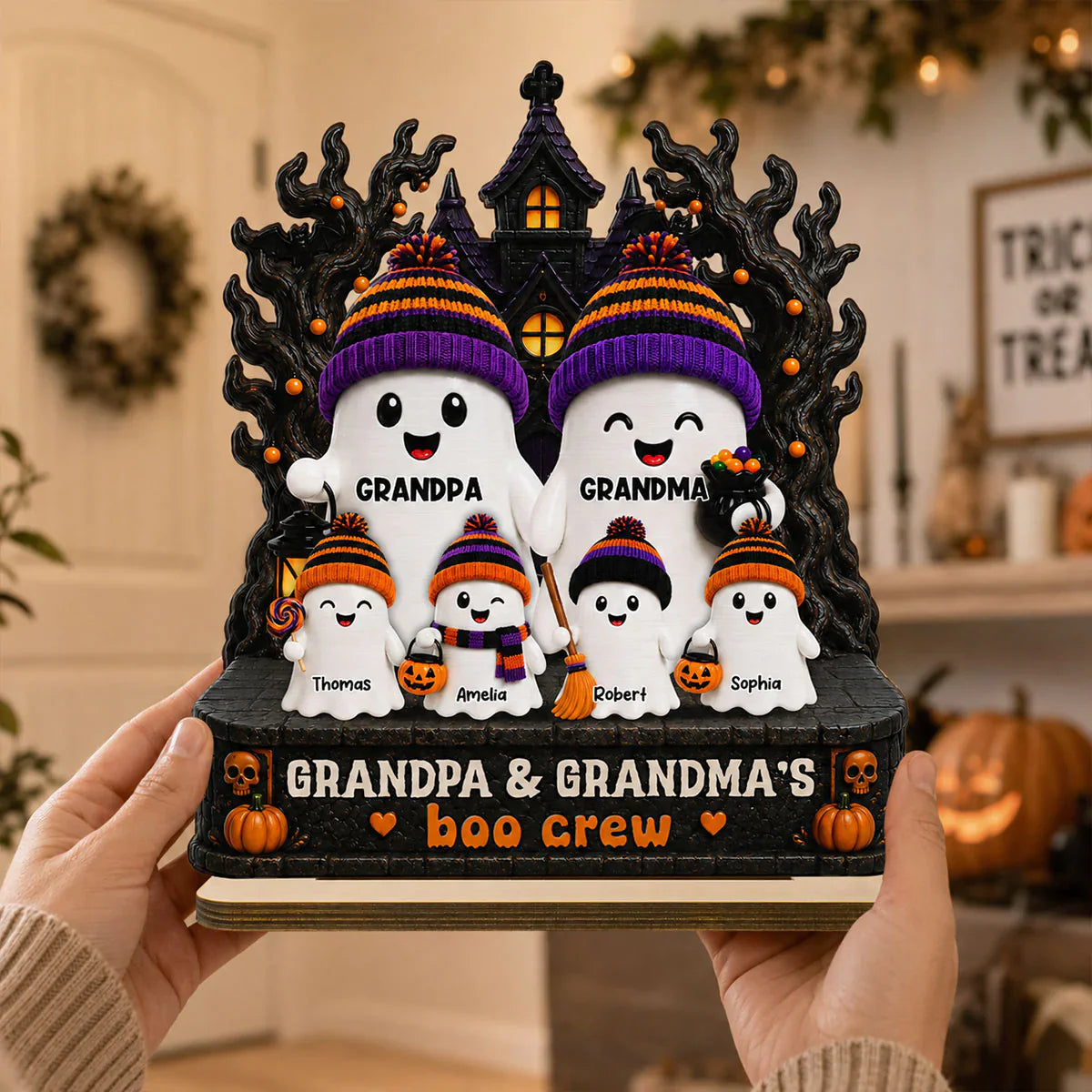 2-Layer Wooden Plaque, Grandpa & Grandma's Boo Crew Haunted House, Creative Gift for Grandparents