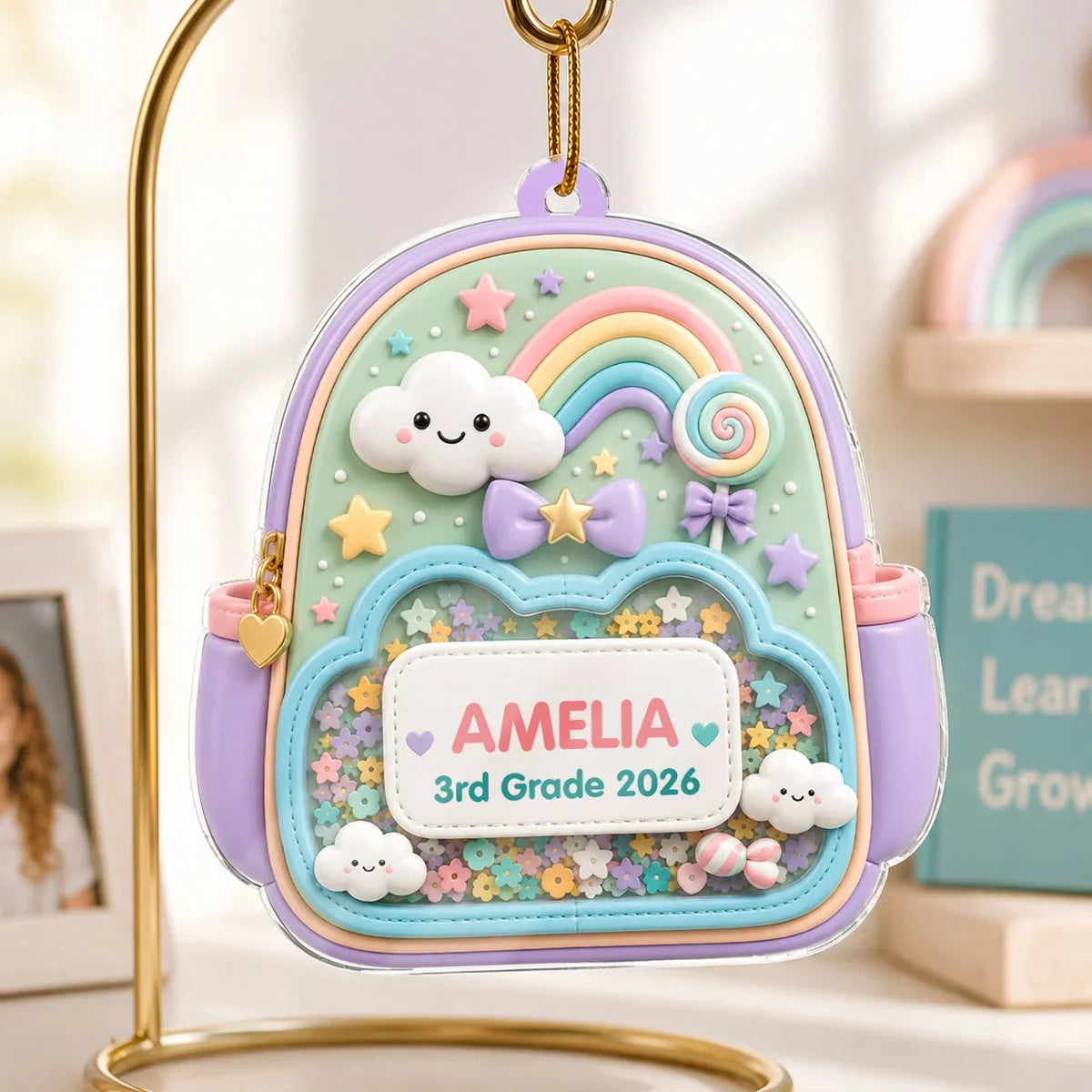 Personalized Acrylic Ornament, Hanging School Backpack in Coral and Teal, Unique Gift for Kids