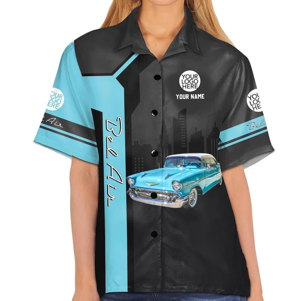Personalized Hawaiian Shirt, Custom Classic Car Print, Black & Turquoise, Unique Gift for Car Enthusiast