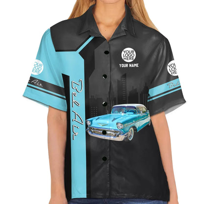 Personalized Hawaiian Shirt, Custom Classic Car Print, Black & Turquoise, Unique Gift for Car Enthusiast