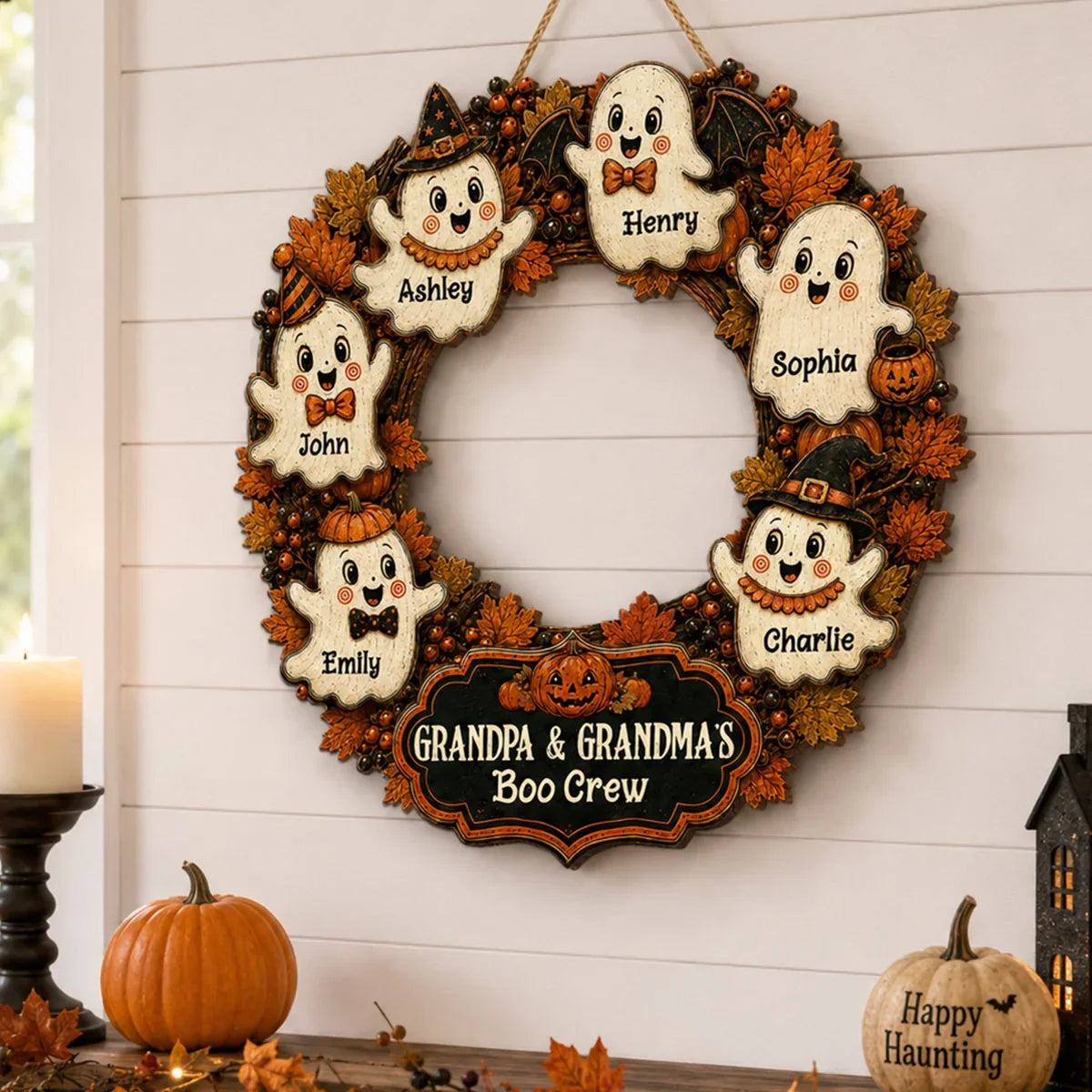 Personalized Halloween Wooden Sign, Retro Ghost Wreath Decor, Unique Gift for Grandma & Grandpa