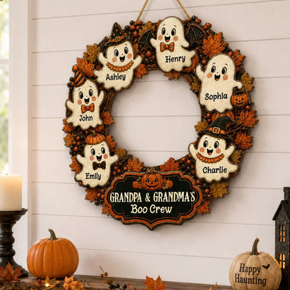 Personalized Halloween Wooden Sign, Retro Ghost Wreath Decor, Unique Gift for Grandma & Grandpa