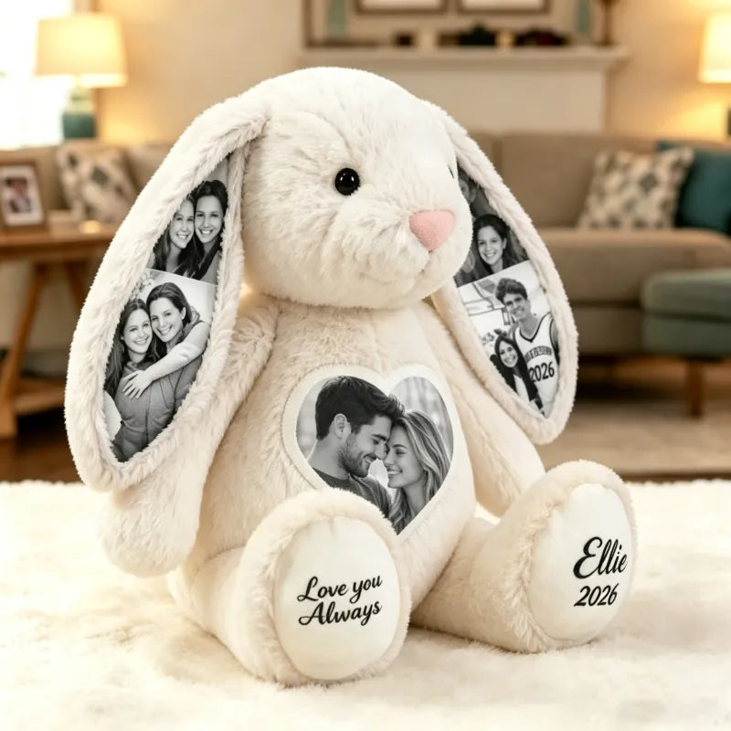 Multi-Print Plush Bunny With Love You Always Photo Collage, Cozy Bedroom Keepsake, Unique Creative Gift for Partner