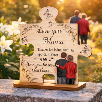 2-Layer Wooden Plaque Puzzle Piece Gift for Mom, Love You Mama Design, Warm Floral Butterfly Decor, Unique Thank You Gift