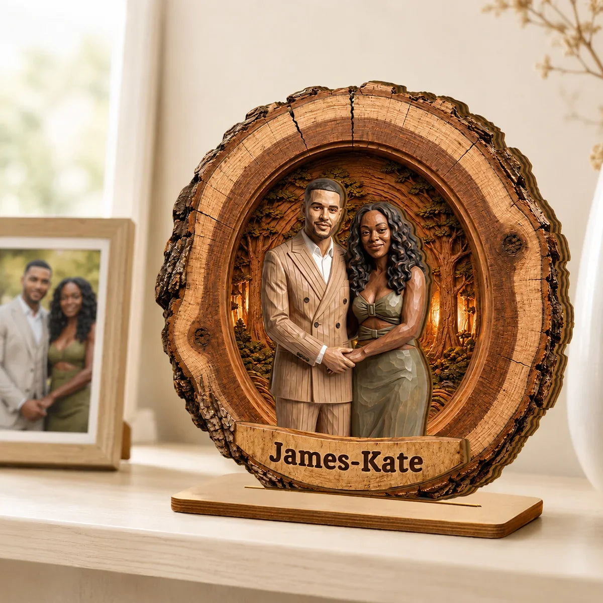 Personalized 2-Layer Wooden Plaque, AI Woodcut Style Hugging Couple Portrait, Unique Gift for Partner