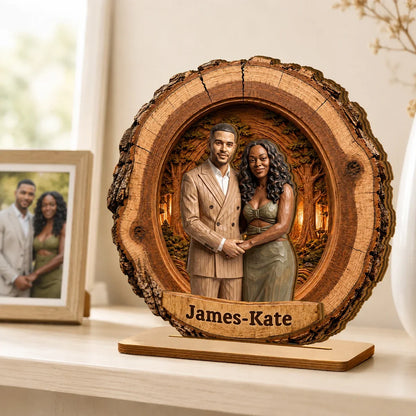 Personalized 2-Layer Wooden Plaque, AI Woodcut Style Hugging Couple Portrait, Unique Gift for Partner
