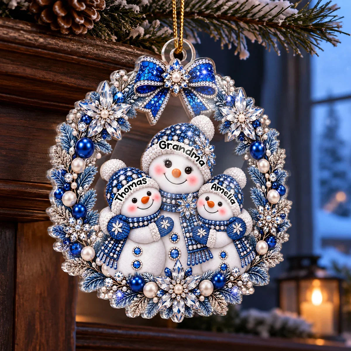 Personalized Acrylic Ornament, Blue and Silver Snowman Wreath, Unique Christmas Gift for Grandma