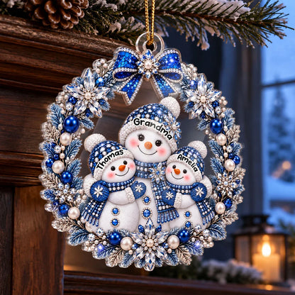 Personalized Acrylic Ornament, Blue and Silver Snowman Wreath, Unique Christmas Gift for Grandma